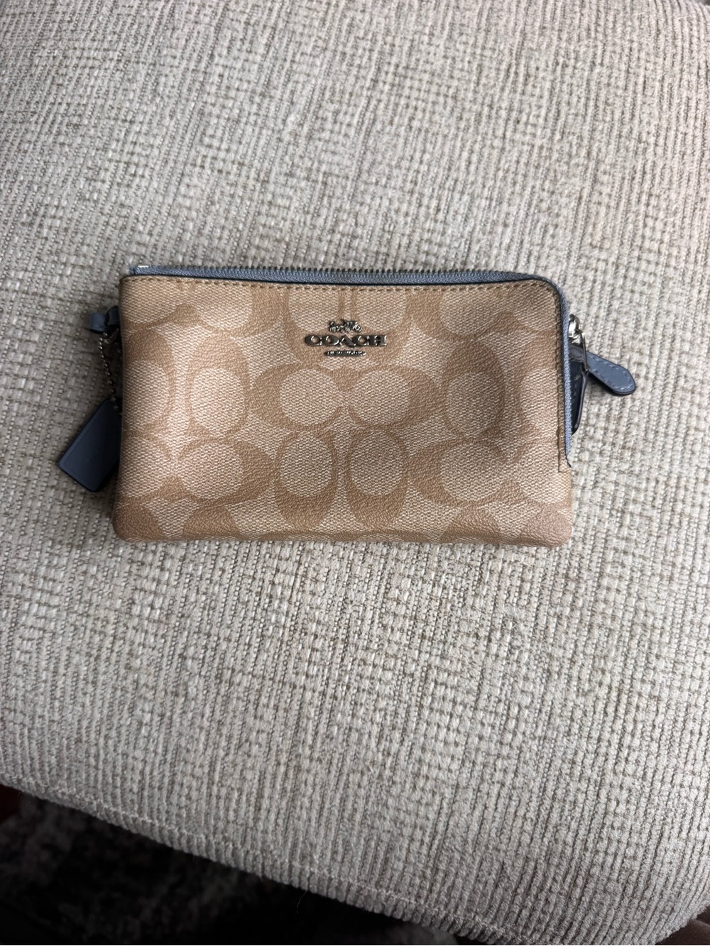 Coach Tan Signature Canvas Wristlet with Blue Trim